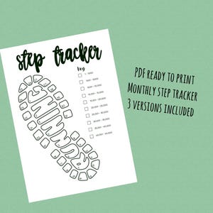 May include: A printable monthly step tracker with a running shoe design. The tracker includes a key with ranges from 1 to 45,000 steps. The text "PDF READY TO PRINT MONTHLY STEP TRACKER 3 VERSIONS INCLUDED" is at the top of the page.