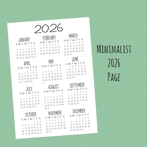 May include: A minimalist 2026 calendar page with a light green background. The calendar is printed in black, with each month's days arranged in a grid. The word "MINIMALIST" and "PAGE" are also printed on the page.