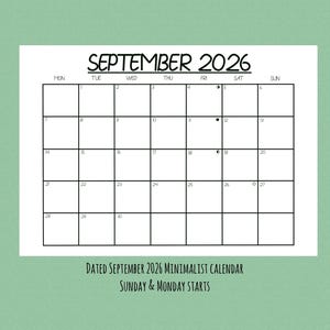 May include: A minimalist calendar for September 2026, with a white background and black grid lines. The days of the week are across the top, with the month and year in a bold font. The calendar starts on Sunday and Monday.