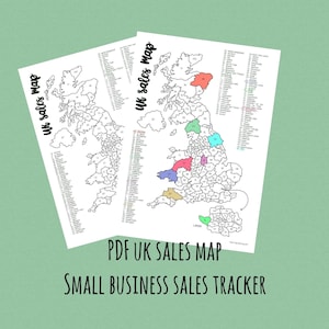 May include: Two white paper maps of the UK, with each region outlined and labeled. The maps are titled "UK Sales Map" and "Small Business Sales Tracker." Various regions are colored in shades of red, green, blue, and yellow.
