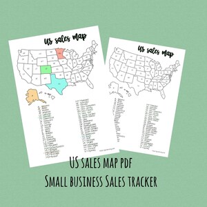 May include: Two US sales map PDFs on a green backdrop. The maps are outlined with state borders and include a list of states. Some states are coloured in. The text "US SALES MAP PDF" and "SMALL BUSINESS SALES TRACKER" are at the bottom.