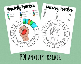 May include: Two printable "Anxiety Tracker" sheets. Each sheet has a circular design with numbers and a hand holding a red ball. The sheets include a key for tracking symptoms. The text "PDF ANXIETY TRACKER" is at the bottom.