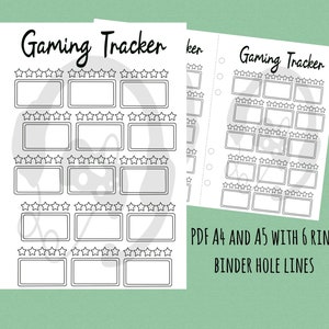 PDF gaming tracker planner page A4 A5 printable game hours video game list log bullet journal daily habit tracker computer rate review gamer