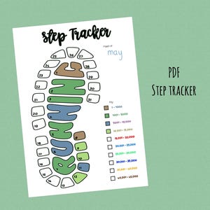 May include: A printable PDF step tracker with a shoe-shaped design. The word "RUN" is written inside the shoe, with numbers indicating days of the month. The text "Step Tracker" and "PDF Step Tracker" are also visible. The month of May is indicated.