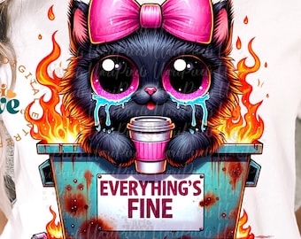 Allt är bra katt PNG nyckfull udda katt Clipart rolig katt sublimeringsdesign stressad digital PNG svart katt DTF överföring
