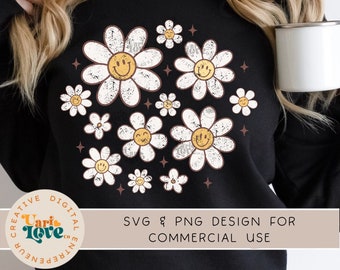 Retro Happy Flowers SVG PNG, Vintage Sublimation, Distressed Shirt Design, Smile Face Aesthetic Sweatshirt, Boho Groovy Flowers DTF Transfer