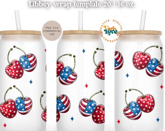 Cherry Coquette Bow 4th of July 16 oz Libbey Can Glass Wrap Png patriotic png, Libbey Can Wrap Png Coquette Fourth Of July UvDtf designs