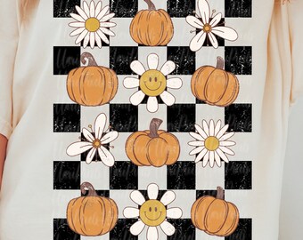 Retro karierte Herbst Sublimation, Vintage Thanksgiving PNG, Kürbisse & Blumen Gemütliches Sweatshirt png, Distressed Herbst Shirt Design, für den Herbst
