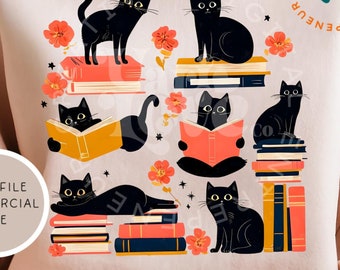 Black Cat And Books Clipart Cat Reading Books Clipart Black Cat Book Lover Black Kitten Bookworm Floral Bookish Bundle Librarian Cat Lover