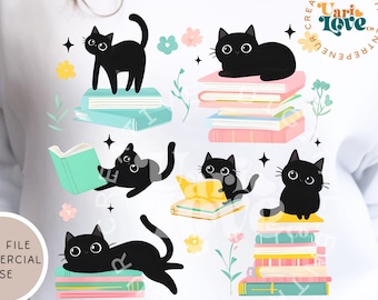 Black Cat And Books Clipart Cat Reading Books Clipart Black Cat Book Lover Black Kitten Bookworm Floral Bookish Bundle Librarian Cat Lover