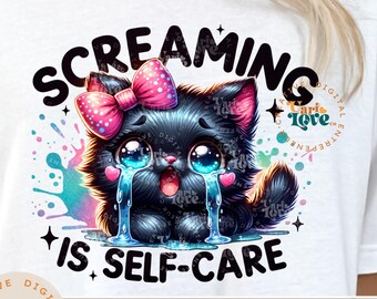 Skrikande är egenvård katt PNG nyckfull udda katt clipart rolig katt sublimeringsdesign stressad digital PNG svart katt DTF överföring