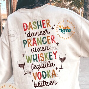 Retro Natale PNG SVG Dasher Ballerino Prancer Vixen Whisky Tequila Vodka Blitzen Alcol Natale Divertente Natale Sublimazione T-shirt Design