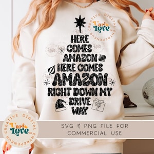 Retro Natal SVG PNG, aí vem Amazon Engraçado sublimação Árvore de Natal Cricut Cut File Design divertido de camiseta de férias para sublimação