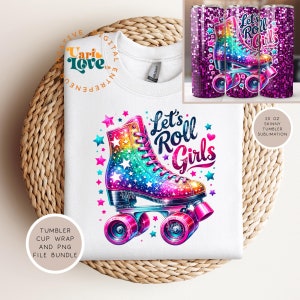 以下が含まれることがあります： 虹色のローラースケートに星が描かれ、「Let's Roll Girls」の文字が書かれた昇華デザイン。20オンスのスリムなタンブラーに最適です。