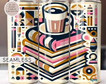 May include: A 20 oz skinny tumbler with a geometric design featuring a coffee cup atop a stack of books. The design includes pencils, geometric shapes, and the word "SEAMLESS". The color palette includes cream, pink, brown, and navy blue.