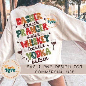 Retro Natale PNG SVG Dasher Ballerino Prancer Vixen Whisky Tequila Vodka Blitzen Alcol Natale Divertente Natale Sublimazione T-shirt Design
