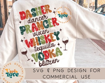Retro Christmas PNG SVG Dasher Dancer Prancer Vixen Whiskey Tequila Vodka Blitzen Alcohol Xmas Funny Christmas Sublimation T-Shirt Design