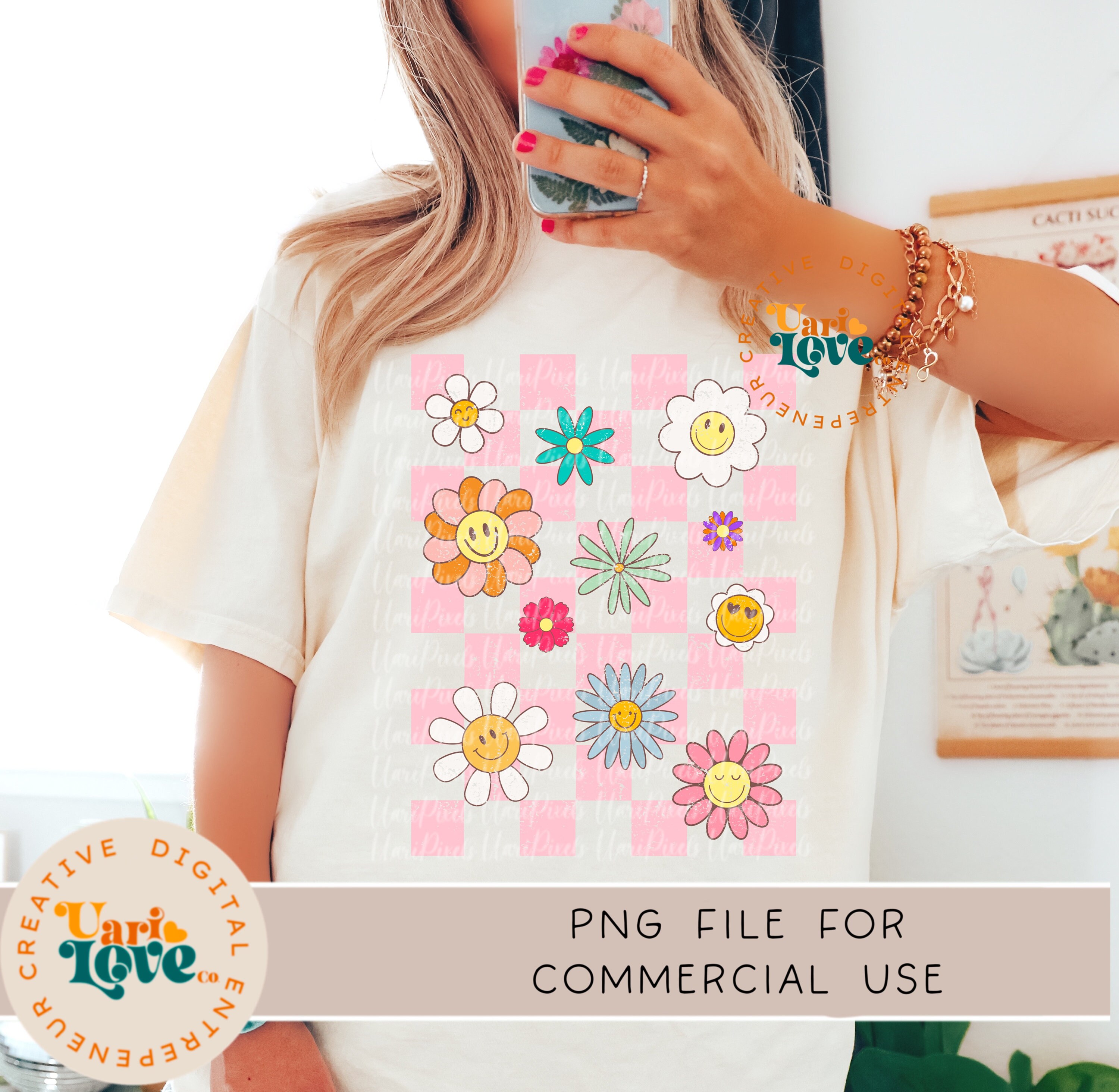 Retro Flowers Checkered PNG Sublimation Vintage Shirt Design DTG Grunge ...