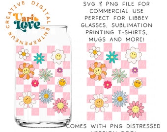 Retro Flowers Checkered PNG Sublimation  Vintage Shirt Design DTG Grunge Smile Face Daisy Boho 70's Groovy Floral Dtf Transfer Screen