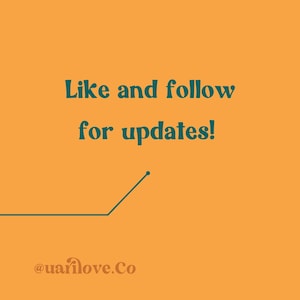 May include: A graphic with the text "Like and follow for updates!" in teal on a light orange background. A simple line graphic with a diagonal line pointing upwards is below the text. The text "@uarilove.Co" is at the bottom of the graphic.