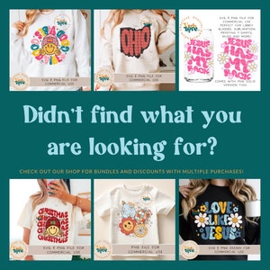 Puede incluir: Una colecci&oacute;n de seis dise&ntilde;os digitales que presentan varios gr&aacute;ficos y textos. Los dise&ntilde;os incluyen una cara sonriente con un gorro de Navidad, la palabra "Ohio" en una fuente estilizada, un vaso con el texto "Jes&uacute;s tiene mi espalda", una cara sonriente con tem&aacute;tica navide&ntilde;a, una cara sonriente con una bola de discoteca y el texto "Amar como Jes&uacute;s" con margaritas. Los dise&ntilde;os est&aacute;n disponibles en archivos SVG y PNG para uso comercial.