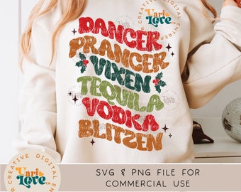 Reindeer & Alcohol Names, Groovy Christmas PNG SVG, Dancer Prancer Vixen Whiskey Tequila Vodka Blitzen, Funny Christmas Sublimation Dtg Dtf