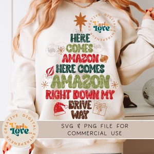 Retro Natal SVG PNG, aí vem Amazon Engraçado sublimação Árvore de Natal Cricut Cut File Design divertido de camiseta de férias para sublimação