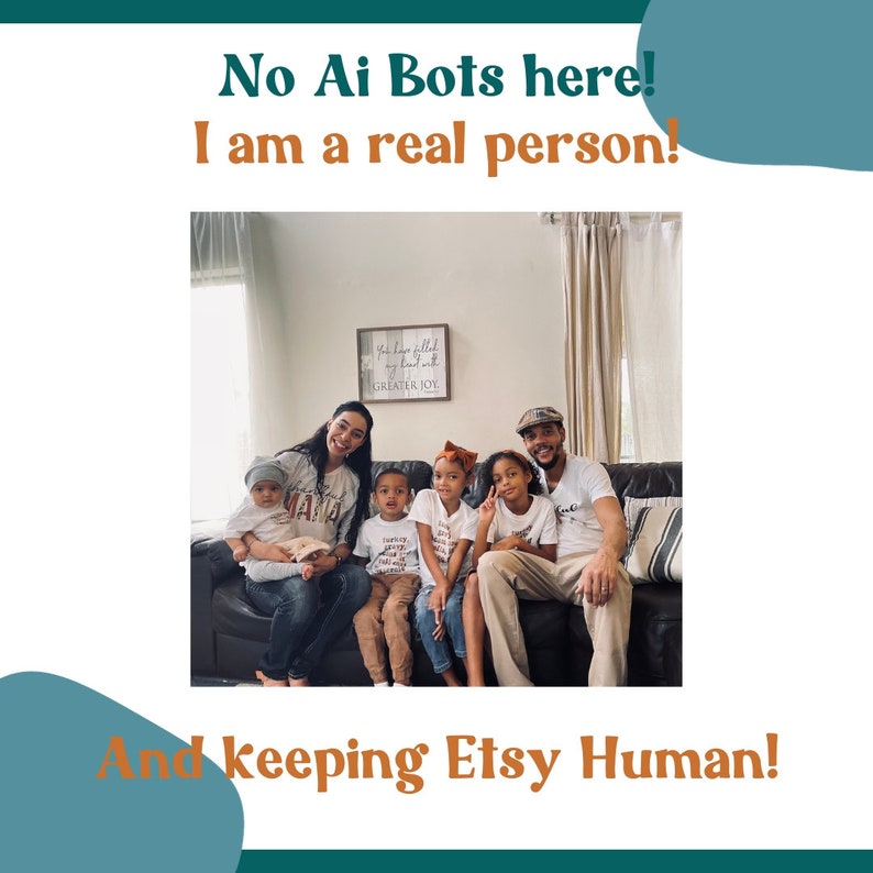 May include: A family of six, including two parents and four children, are sitting on a couch. The parents are wearing white t-shirts with text on them. The children are wearing white t-shirts with different designs. The family is smiling and looking at the camera. The text on the wall behind them reads "Your love has filled my heart with greater joy."