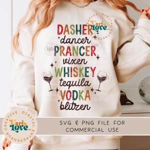 Nomi di renne e alcol, Groovy Christmas PNG SVG, Dancer Prancer Vixen Whisky Tequila Vodka Blitzen, Divertente sublimazione natalizia Dtg Dtf