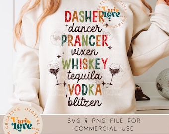 Reindeer & Alcohol Names, Groovy Christmas PNG SVG, Dancer Prancer Vixen Whiskey Tequila Vodka Blitzen, Funny Christmas Sublimation Dtg Dtf