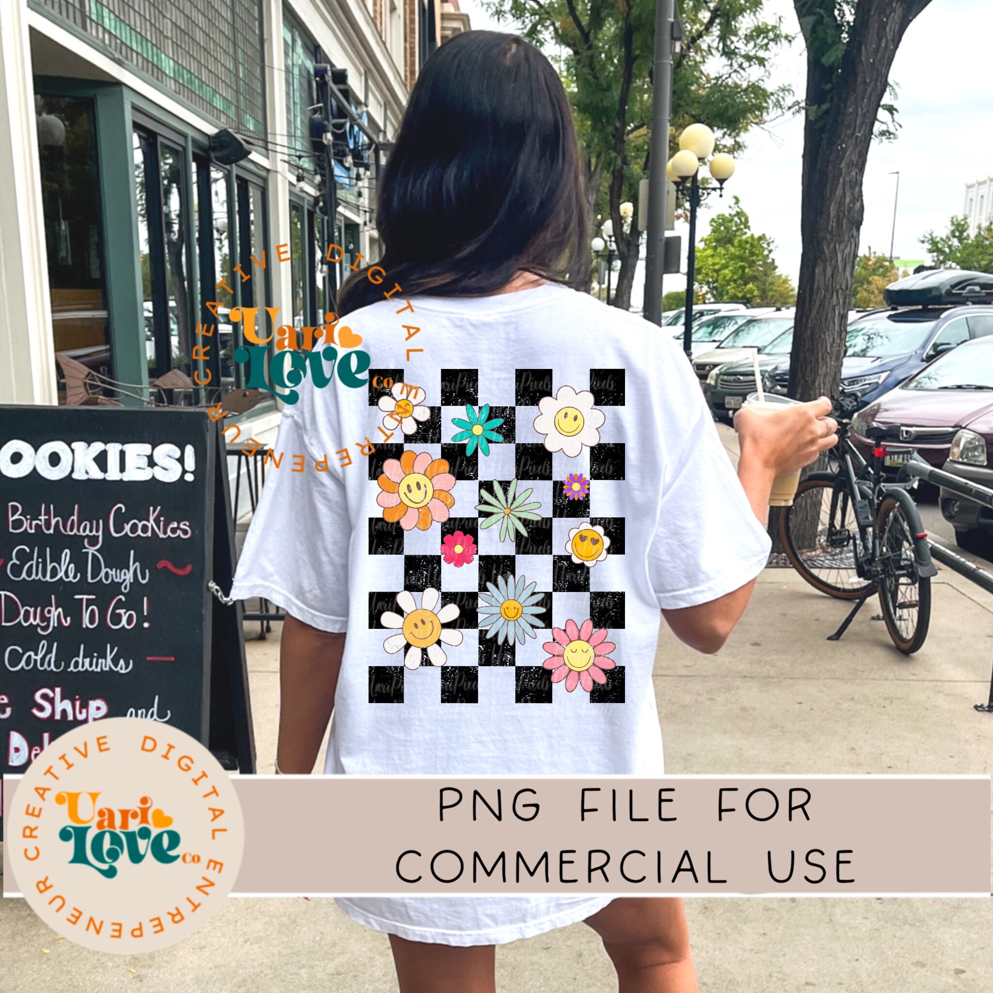 Retro Flowers Checkered PNG Sublimation Vintage Shirt Design DTG Grunge ...