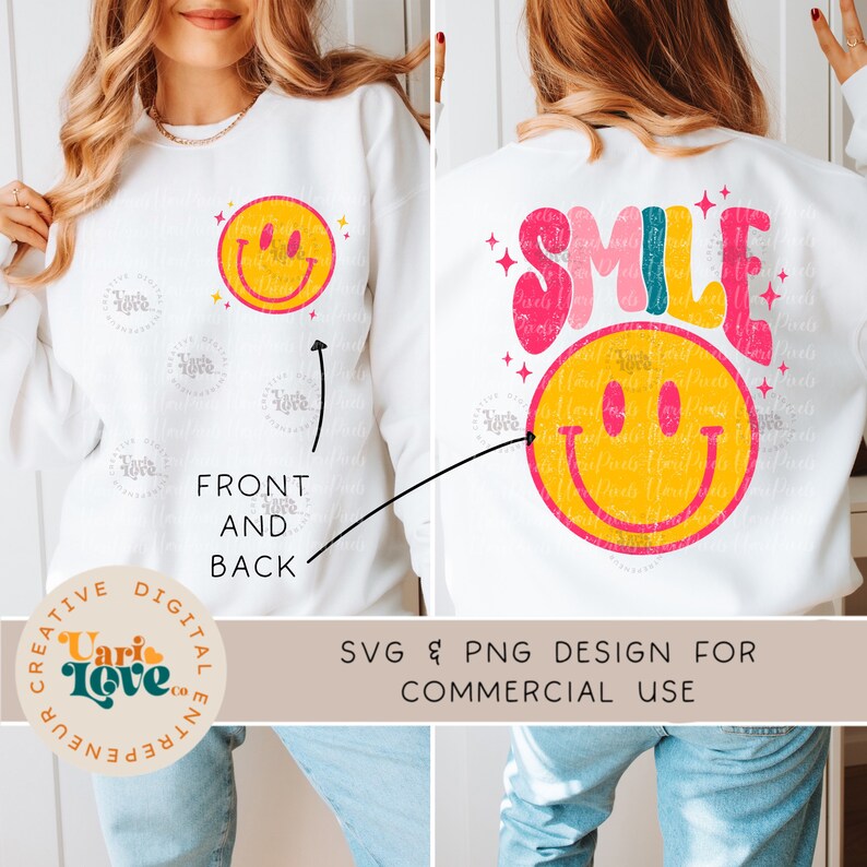 May include: A white sweatshirt with a yellow smiley face on the front and the word "SMILE" in rainbow colors with a yellow smiley face on the back. The sweatshirt is being modeled by a person wearing blue jeans.