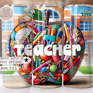 Cute Teacher Themed Tumbler Wrap 20 oz Skinny Sublimation Design Coffee Books and School Supplies Digital Download for Educators Teacher PNG