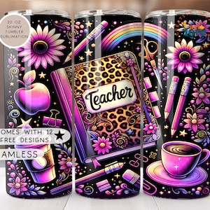Cute Teacher Themed Tumbler Wrap 20 oz Skinny Sublimation Design Coffee Books and School Supplies Digital Download for Educators Teacher PNG