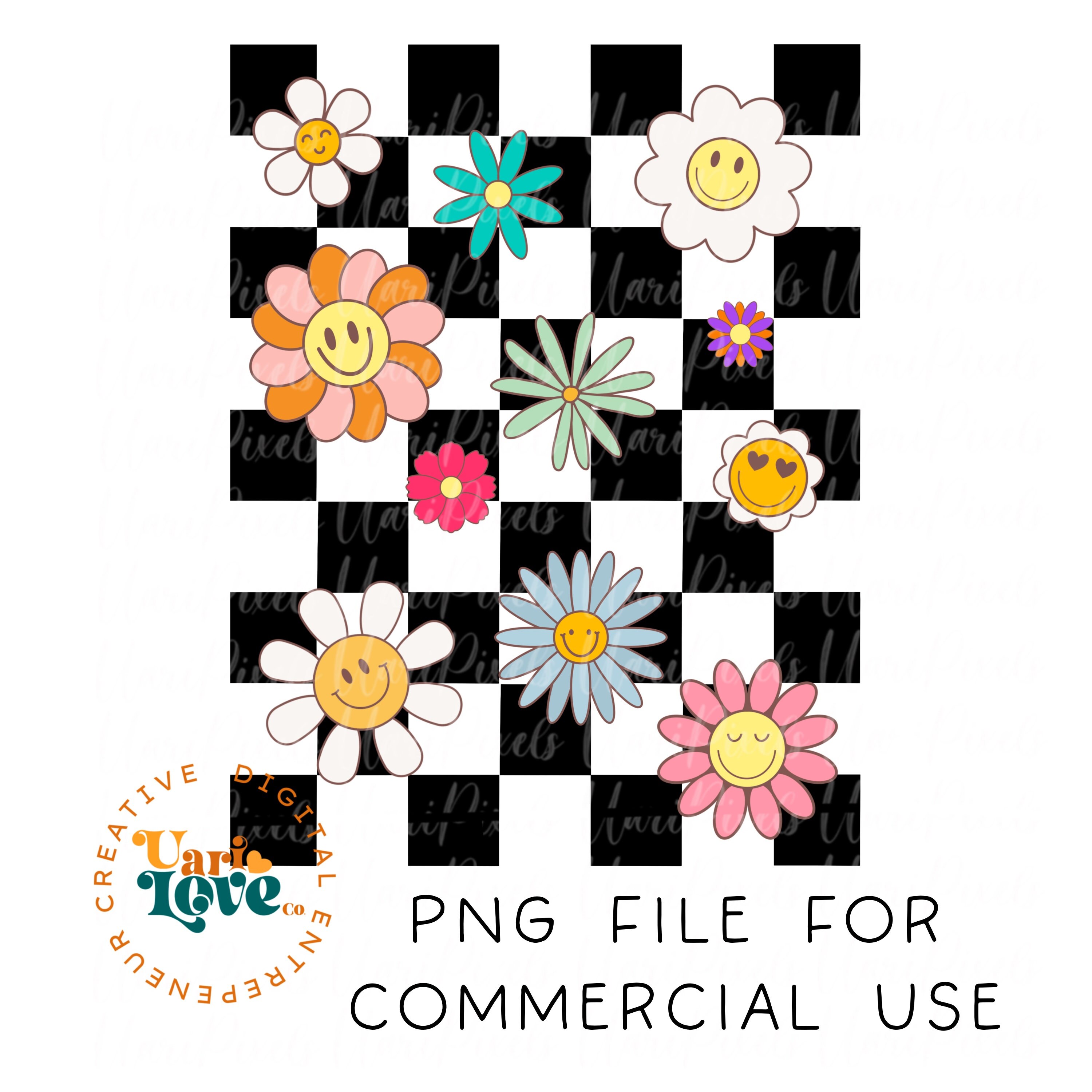 Retro Flowers Checkered PNG Sublimation Vintage Shirt Design DTG Grunge ...