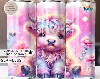Coquette Highland Cow Tumbler Wrap, 20 oz Skinny Tumbler Design (Digital Download)