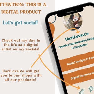 Puede incluir: La pantalla de un tel&eacute;fono inteligente que muestra un sitio web con el texto "UariLove.Co" y la descripci&oacute;n "Emprendedor creativo, dise&ntilde;ador y vendedor de Etsy". El sitio web tambi&eacute;n presenta enlaces a plataformas de redes sociales, incluidas TikTok, Pinterest e Instagram.