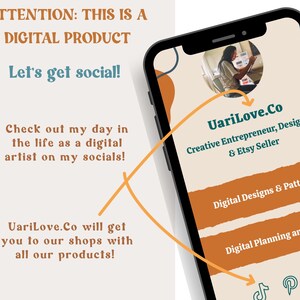 May include: A smartphone screen displaying a website with the text "UariLove.Co" and the description "Creative Entrepreneur, Designer & Etsy Seller". The website also features links to social media platforms, including TikTok, Pinterest, and Instagram.