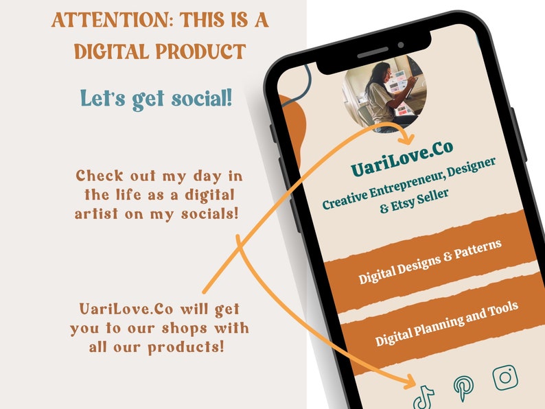 May include: A smartphone screen displaying a website with the text "UariLove.Co" and the description "Creative Entrepreneur, Designer & Etsy Seller". The website also features links to social media platforms, including TikTok, Pinterest, and Instagram.
