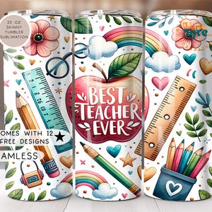Cute Teacher Themed Tumbler Wrap 20 oz Skinny Sublimation Design Coffee Books and School Supplies Digital Download for Educators Teacher PNG