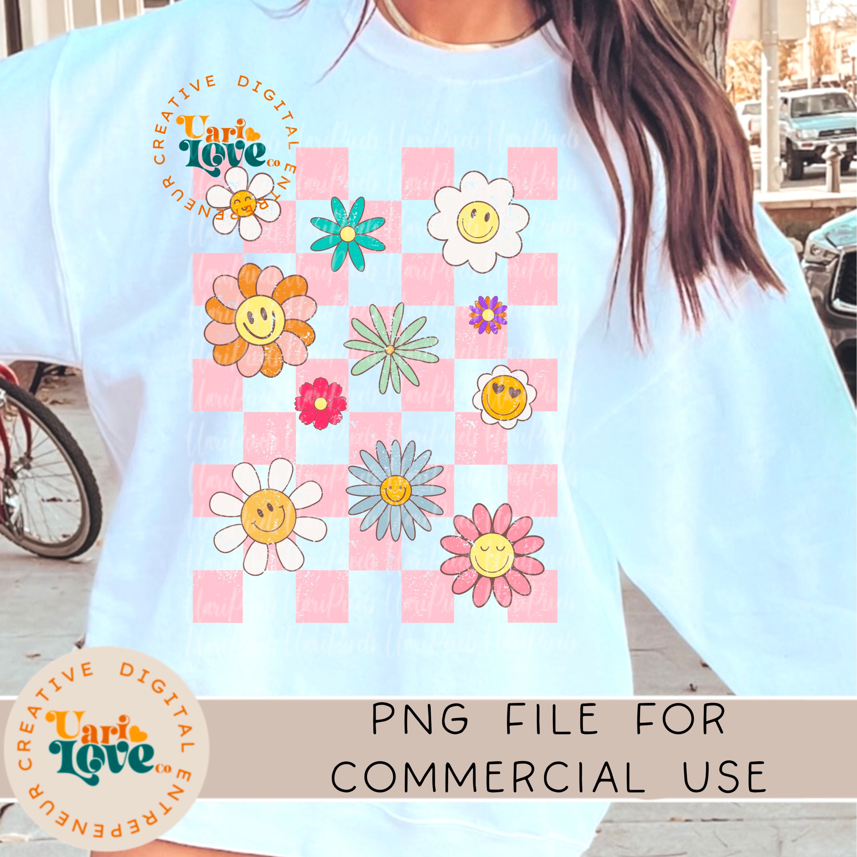 Retro Flowers Checkered PNG Sublimation Vintage Shirt Design DTG Grunge ...