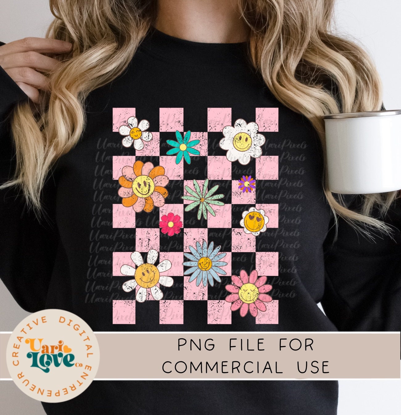 Retro Flowers Checkered PNG Sublimation Vintage Shirt Design DTG Grunge ...
