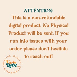Puede incluir: Una imagen de texto con el mensaje "ATENCI&Oacute;N: Este es un producto digital no reembolsable. No se enviar&aacute; ning&uacute;n producto f&iacute;sico. Si tiene problemas con su pedido, no dude en ponerse en contacto con nosotros." El texto est&aacute; en marr&oacute;n sobre un fondo beige claro. La imagen tambi&eacute;n incluye un logotipo para "Vari Love Co."