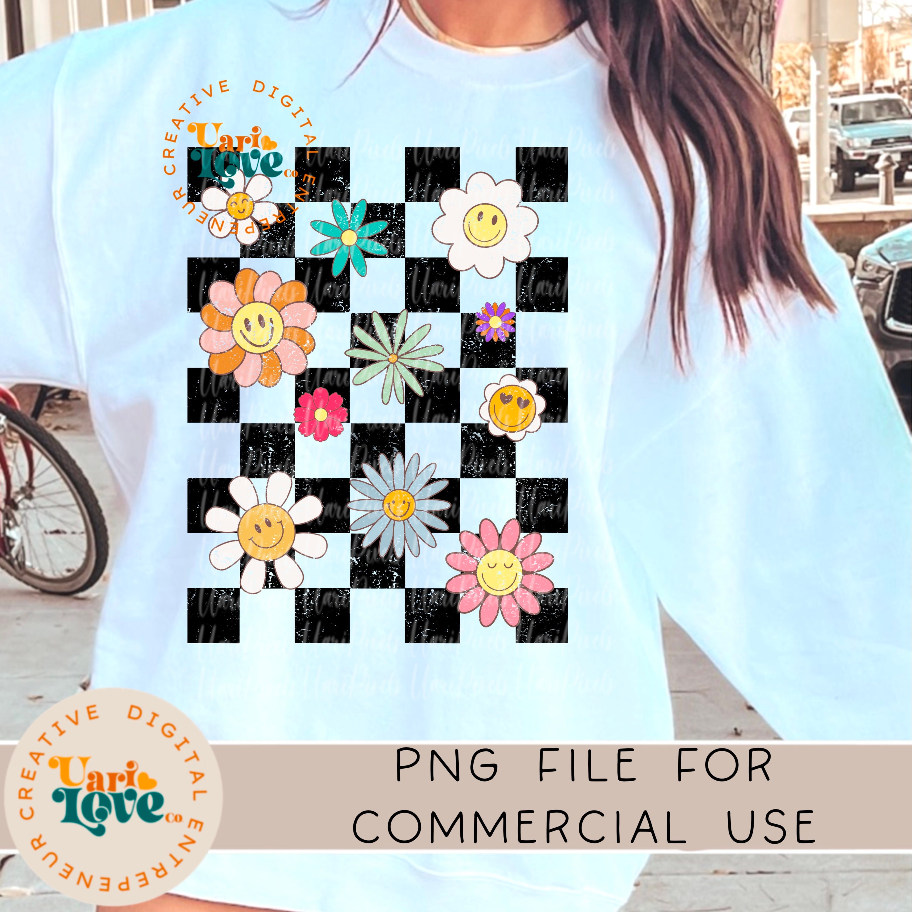 Retro Flowers Checkered PNG Sublimation Vintage Shirt Design DTG Grunge ...