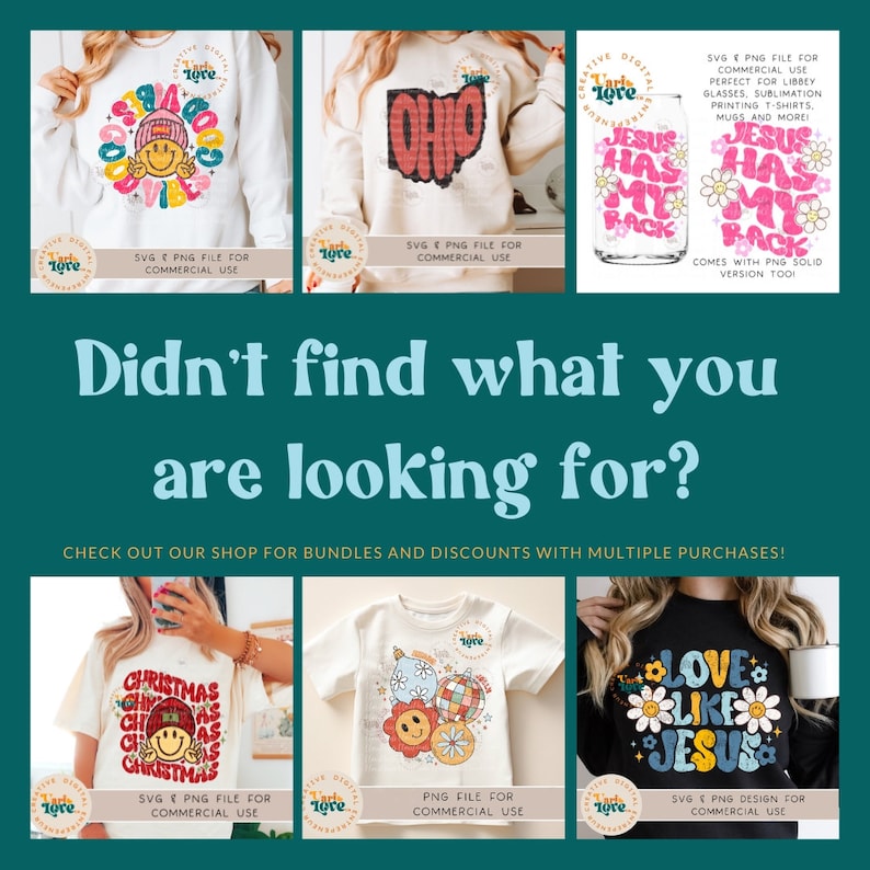 May include: A collection of six digital designs featuring various graphics and text. The designs include a smiley face with a Christmas hat, the word "Ohio" in a stylized font, a glass with the text "Jesus Has My Back", a Christmas-themed smiley face, a smiley face with a disco ball, and the text "Love Like Jesus" with daisies. The designs are available as SVG and PNG files for commercial use.