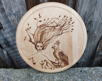 Schneidebrett Holz/Birke mit Fantasymotiv, Brandmalerei, Frühstückbrett, Servierbrett, Holzkunst