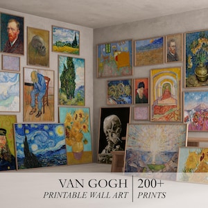 May include: A collection of over 200 printable wall art prints featuring the work of Vincent van Gogh. The prints showcase a variety of his famous paintings, including "Starry Night", "Sunflowers", and "The Bedroom".