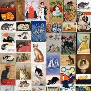May include: A collage of vintage postcards featuring cats in various poses and settings. The postcards are colorful and feature a variety of styles, including illustrations, photographs, and paintings. Some of the postcards feature text, such as "About Paris" and "The Black Cat".