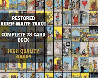 May include: A complete set of 78 Rider Waite Tarot cards, restored and high quality, with a 300 DPI resolution. The cards feature traditional imagery and symbolism, including the Fool, the Magician, the Lovers, and the World.