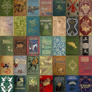 May include: A collage of vintage book covers with illustrations and text. The covers feature a variety of colors and designs, including green, blue, red, and gold. The titles of the books include "The Book of Saints and Friendly Beasts", "Wild Swans", "Tooth and Claw", "Moths and Butterflies", "Don Quixote", "The Rambling Botanist", "Birds Every Child Should Know", "A Journey North Pole", "The Beetle", and "Russian Fairy Tales".
